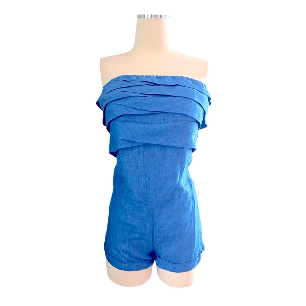 ITALY Mario Romano Blue Linen Ruffled Shorts Romper Sz XS